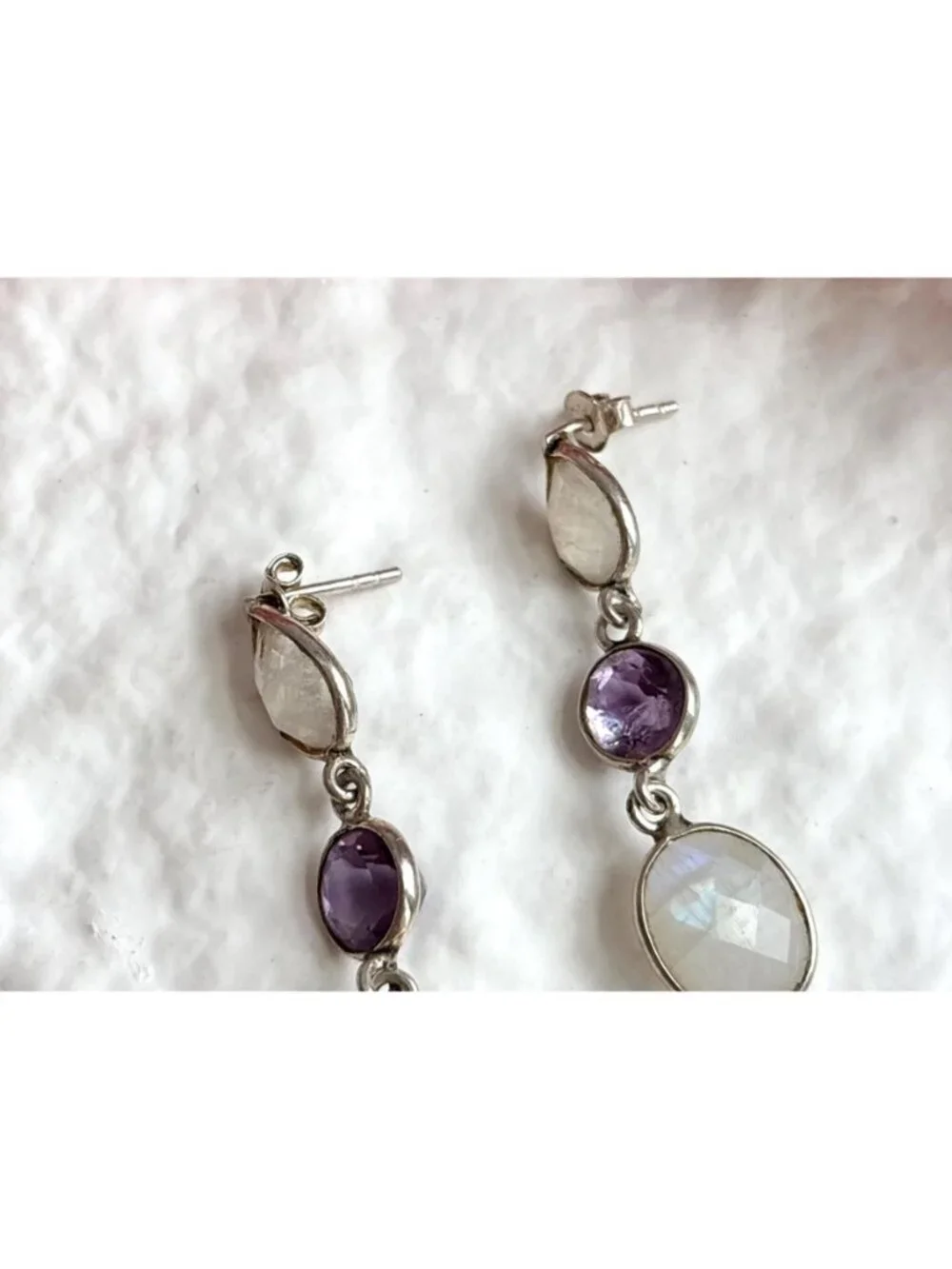 Moonstone & Amethyst Multi Gemstone Vintage Sterling Silver 925 Dangle Earrings